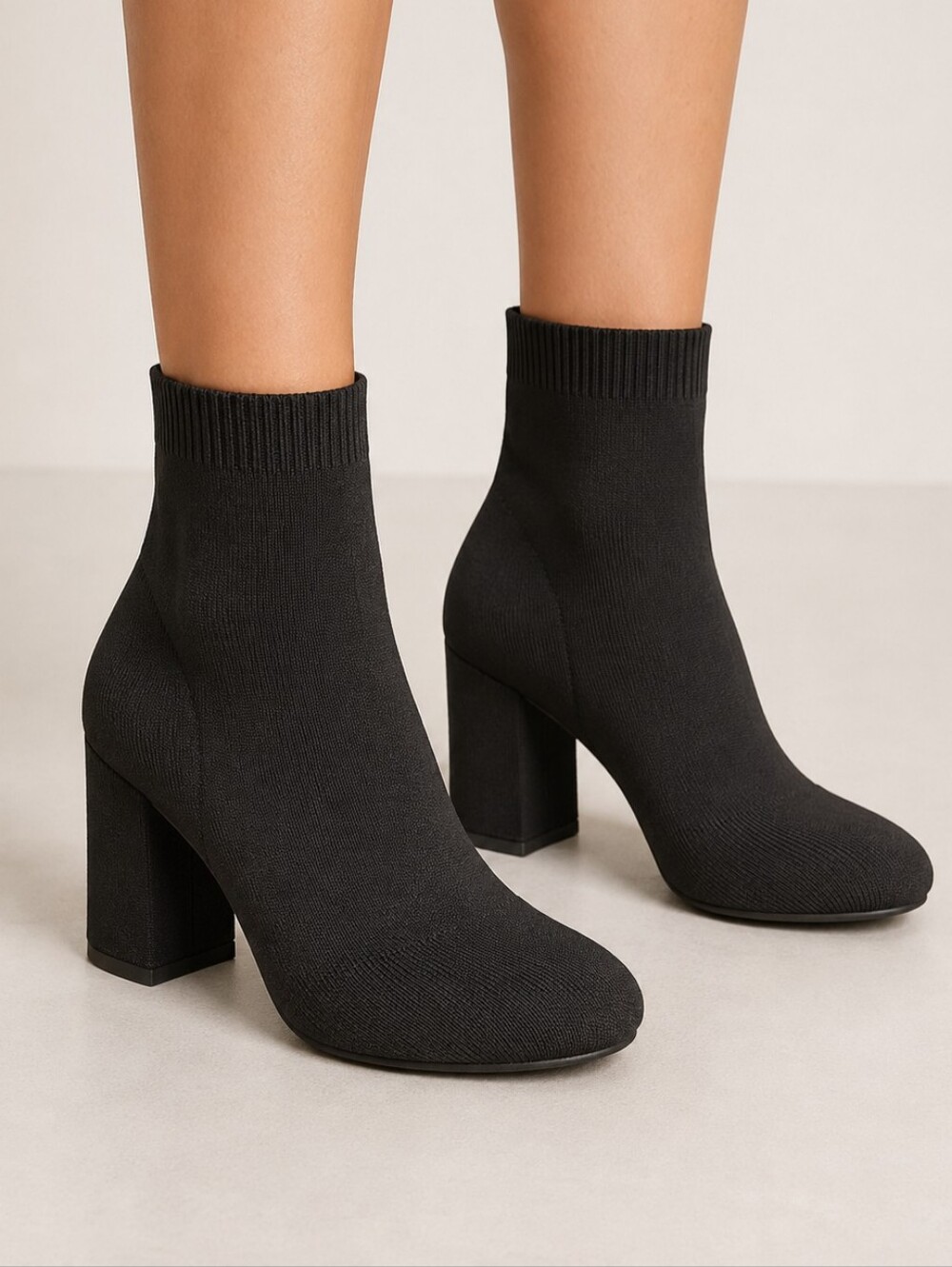 MIA Black Knit Sock Ankle Boots with Block Heel